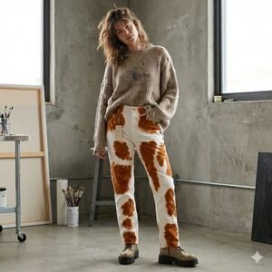 Eckhaus Latta Cow Print Jeans Womens 27 Brown White High Rise Straight Fit NWT